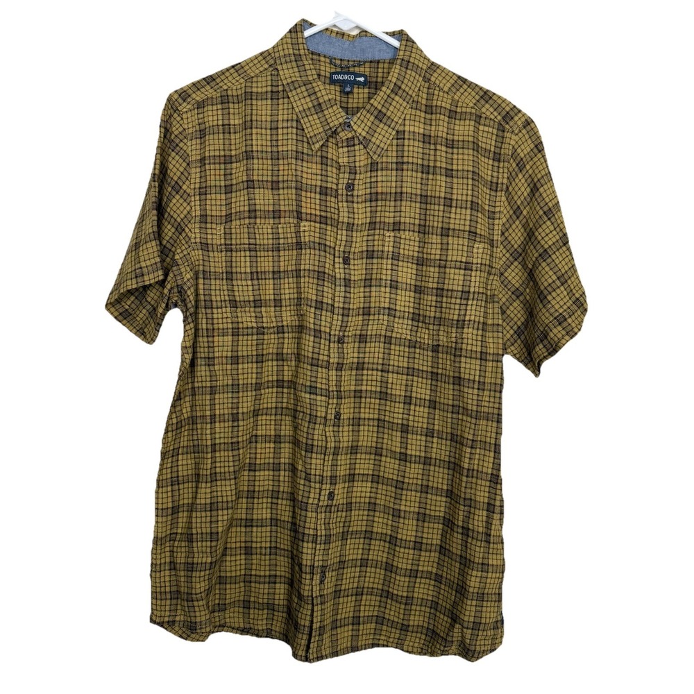 Toad & Co Shirt‎ Men Lg Plaid Button Up 100% Organic Cotton Yellow Short  Sleeve